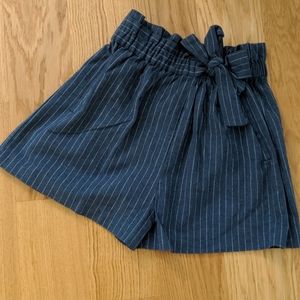 High Waisted Navy Pinstripe Bow Tie Shorts